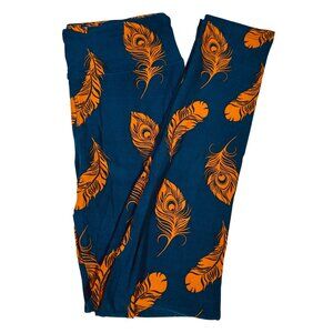 LuLaRoe Leggings Navy Blue with Gold Orange Feathers Peacock Ostrich One Size OS